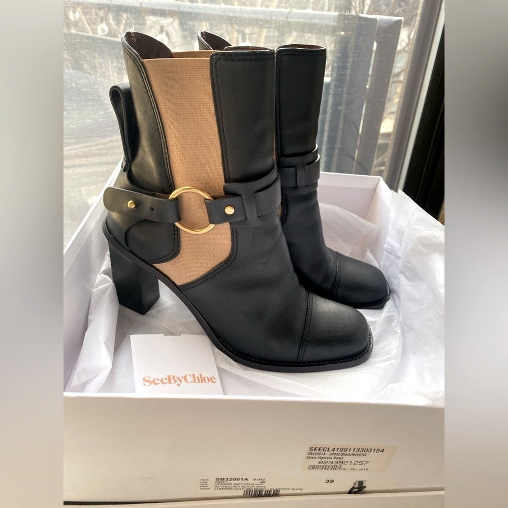 See By Chloe Black and Beige Heeled Boots